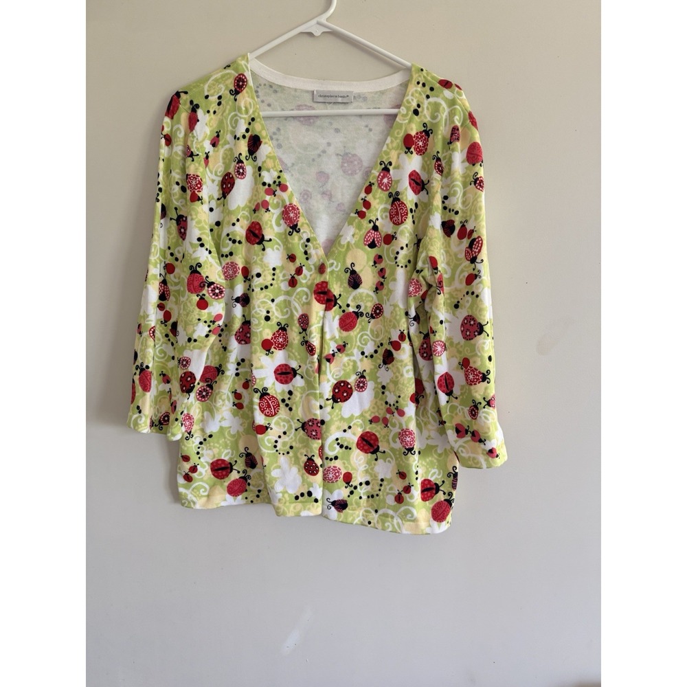 Christopher & Banks Women's Ladybug Sweater Cardigan Cute Grandma Green Floral
